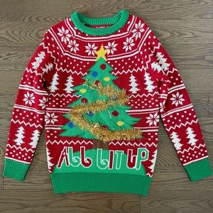 Kids Christmas Sweater - Christmas Tree - Red, Green, & White - Gold Tinsel